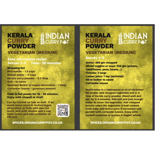 Kerala Curry Powder packaging with recipe details and QR code on a white background