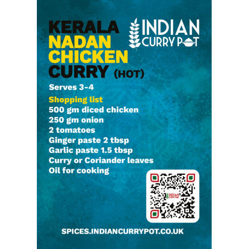 Recipe card for Kerala Nadan Chicken Curry with ingredients and a QR code on a blue background.