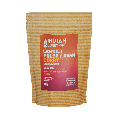 Spice mix packet for lentil/pulse/bean curry with 'Indian Curry Pot' branding on a white background.