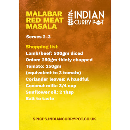 Malabar Red Meat Masala recipe card with ingredients and measurements on an orange and yellow background.