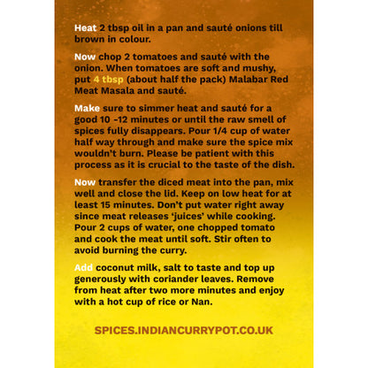 Cooking instructions for an Indian curry recipe on a yellow and orange background with text.