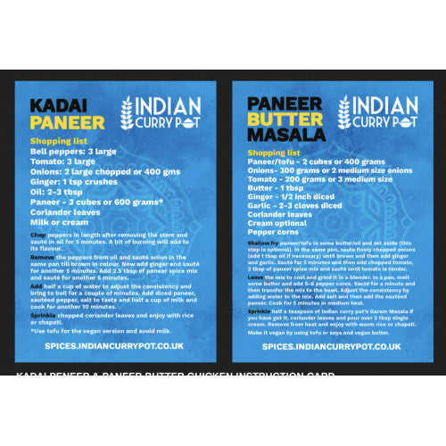 Two recipe cards for Indian Curry Pot, one for Kadai Paneer and one for Paneer Butter Masala, on a blue background.