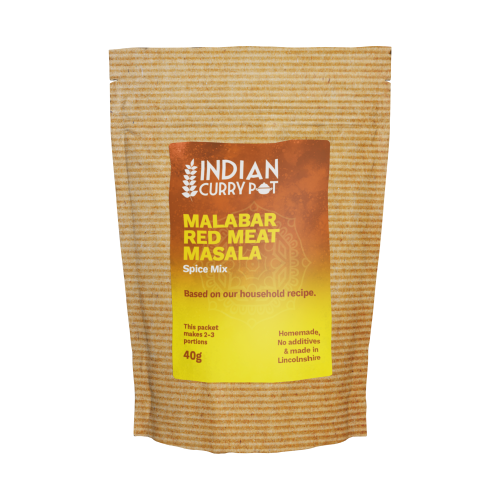 Pack of Indian Curry Pot Malabar Red Meat Masala spice mix on a white background