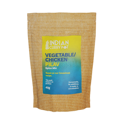 Pack of Indian Curry Pot Vegetable/Chicken Pilav Spice Mix on a white background