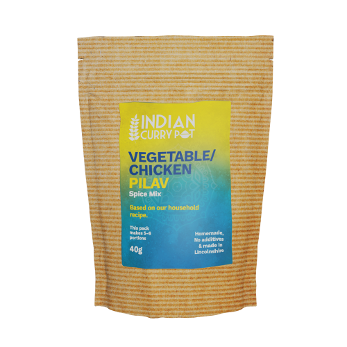 Pack of Indian Curry Pot Vegetable/Chicken Pilav Spice Mix on a white background