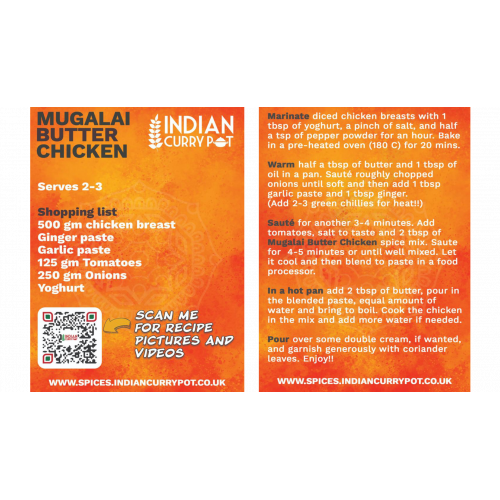 Indian Curry Pot Mugalai Butter Chicken recipe card with QR code and website URL.
