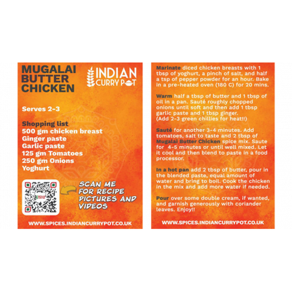 Indian Curry Pot Mugalai Butter Chicken recipe card with QR code and website URL.