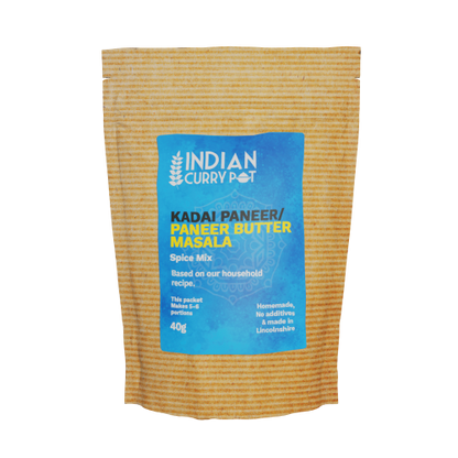 Spice mix package labeled 'Kadai Paneer/Paneer Butter Masala' by Indian Curry Pot on a white background.