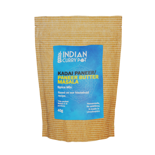 Spice mix package labeled 'Kadai Paneer/Paneer Butter Masala' by Indian Curry Pot on a white background.