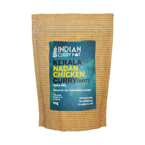 Spice mix package for Kerala Nadan Chicken Curry with 'Indian Curry Pot' branding on a white background.