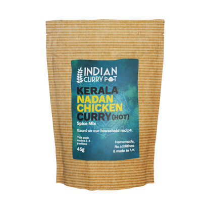 Spice mix package for Kerala Nadan Chicken Curry with 'Indian Curry Pot' branding on a white background.