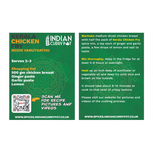 Kerala Chicken Fry spice mix packaging with recipe details on a green background