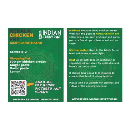 Kerala Chicken Fry spice mix packaging with recipe details on a green background