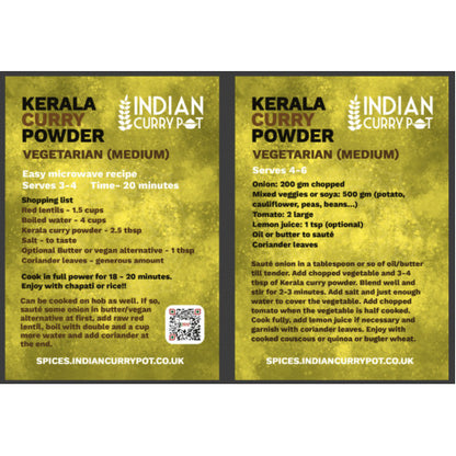 Kerala Curry Powder packaging with recipe details and QR code on a white background