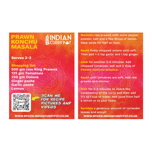 Indian Curry Pot prawn konchu masala packaging with recipe details and QR code.