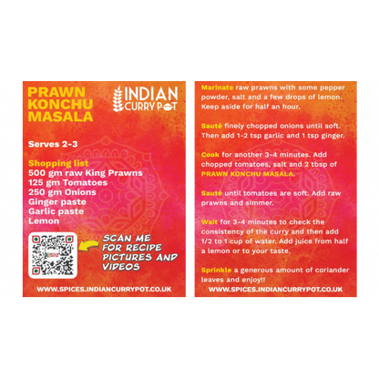 Indian Curry Pot prawn konchu masala packaging with recipe details and QR code.