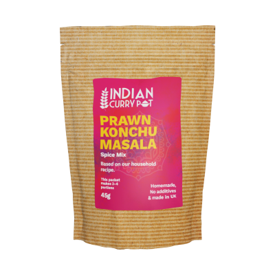 Prawn Konchuk Masala spice mix package from Indian Curry Pot on a white background