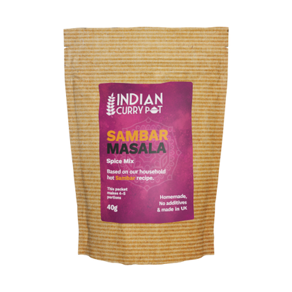 Packaged spice mix labeled 'Indian Curry Pot Sambhar Masala' on a white background