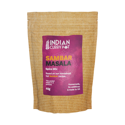 Packaged spice mix labeled 'Indian Curry Pot Sambhar Masala' on a white background