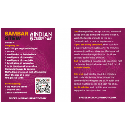 Two purple cards with text and a QR code for Sambar Indian Curry Pot recipe.