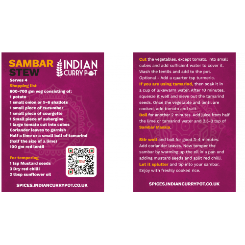 Two purple cards with text and a QR code for Sambar Indian Curry Pot recipe.
